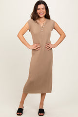 Mocha Ribbed Knit Button Up Sleeveless Midi Dress