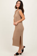 Mocha Ribbed Knit Button Up Sleeveless Midi Dress