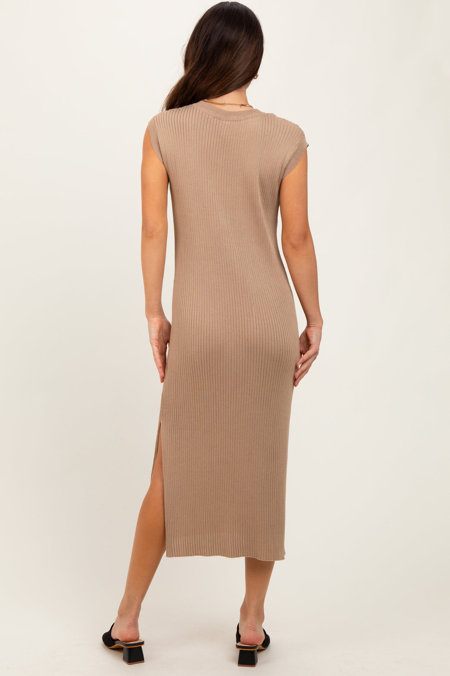 Mocha Ribbed Knit Button Up Sleeveless Midi Dress