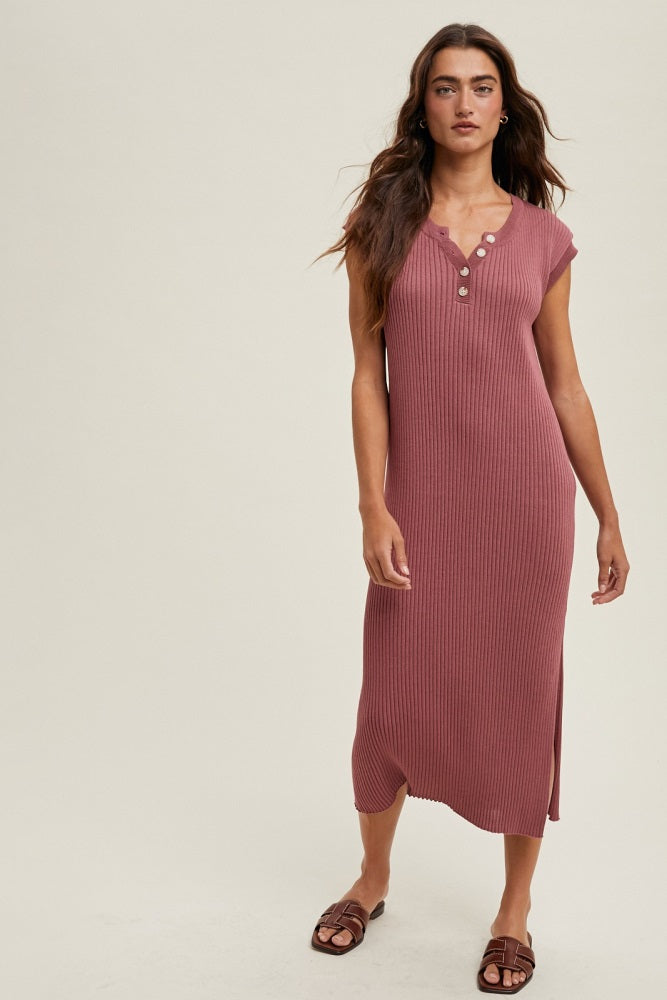 Mauve Ribbed Knit Button Up Sleeveless Midi Dress