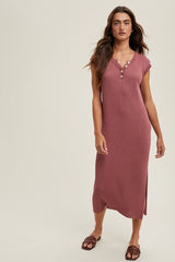 Mauve Ribbed Knit Button Up Sleeveless Midi Dress