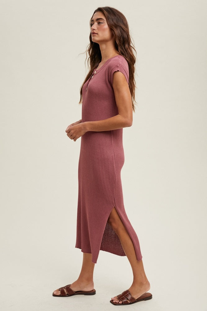 Mauve Ribbed Knit Button Up Sleeveless Midi Dress