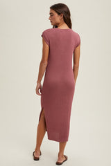 Mauve Ribbed Knit Button Up Sleeveless Midi Dress