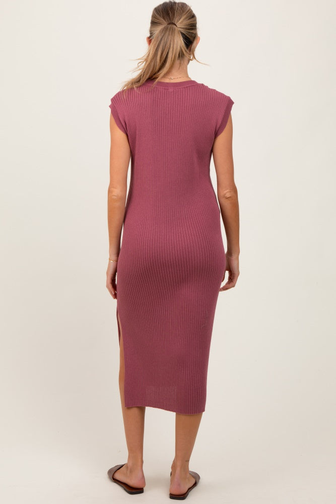 Mauve Ribbed Knit Button Up Sleeveless Maternity Midi Dress