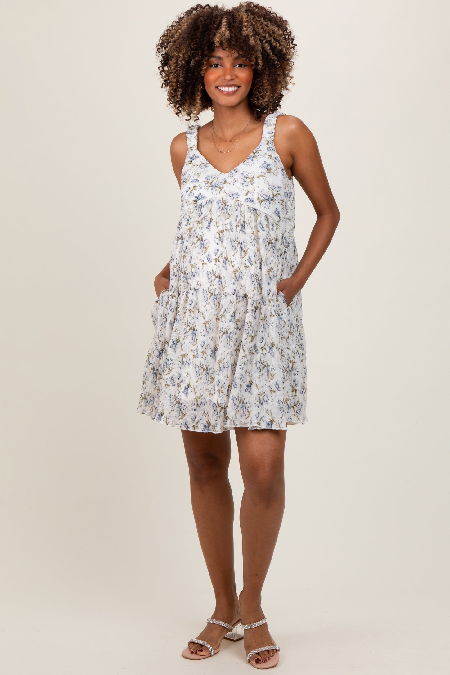 Blue Floral Plisse Texture Maternity Mini Dress