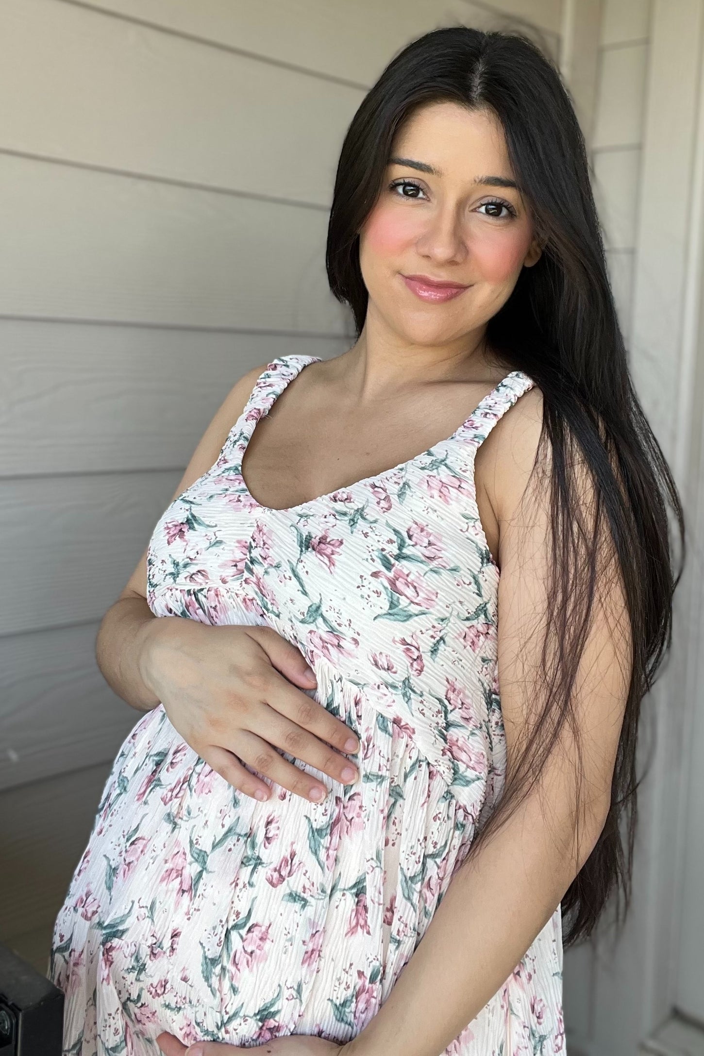 Pink Floral Plisse Texture Maternity Mini Dress