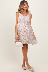 Pink Floral Plisse Texture Maternity Mini Dress