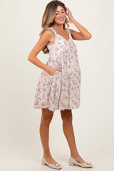Pink Floral Plisse Texture Maternity Mini Dress