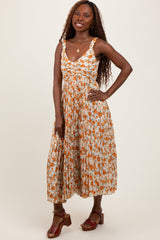 Peach Floral Pleated Midi Dress