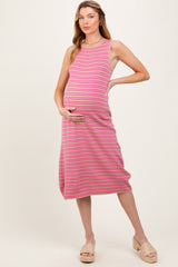 Mocha Striped Knit Sleeveless Maternity Midi Dress