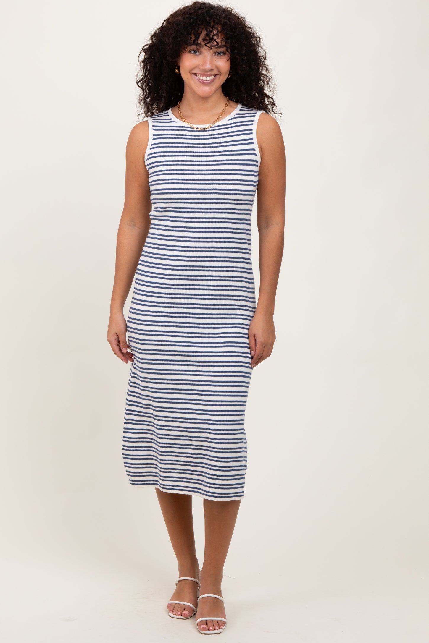 Navy Striped Knit Sleeveless Maternity Midi Dress