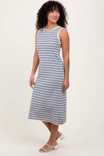 Navy Striped Knit Sleeveless Midi Dress