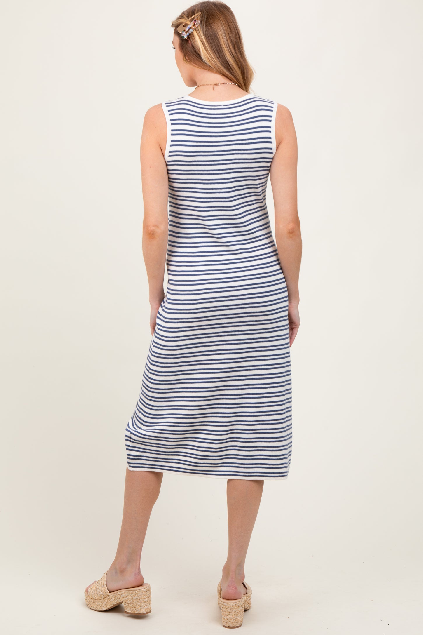 Navy Striped Knit Sleeveless Maternity Midi Dress