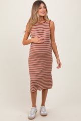 Rust Striped Knit Sleeveless Maternity Midi Dress