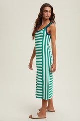 Green Mixed Stripe Ribbed Knit Sleeveless Midi Dress