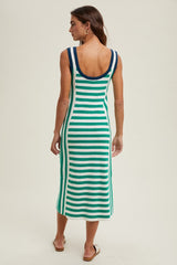 Green Mixed Stripe Ribbed Knit Sleeveless Midi Dress