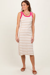 Taupe Mixed Stripe Ribbed Knit Sleeveless Maternity Midi Dress