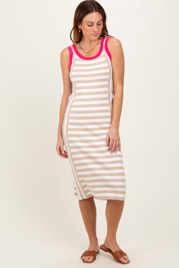 Taupe Mixed Stripe Ribbed Knit Sleeveless Midi Dress