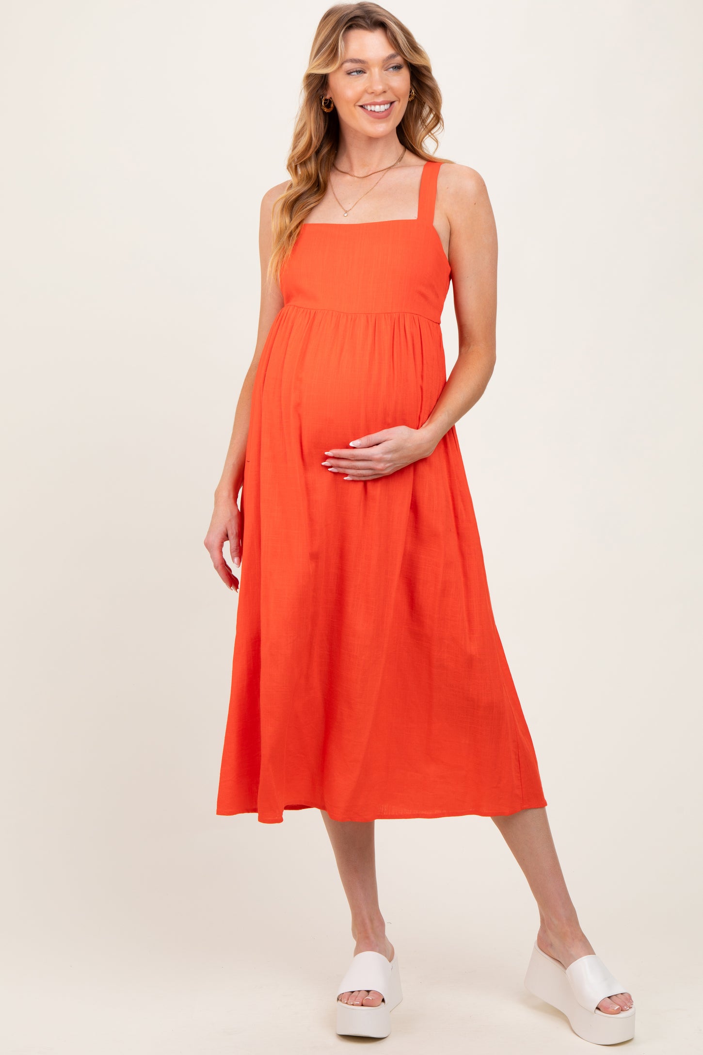 Orange Linen Blend Square Neck Maternity Midi Dress