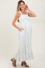 Blue Floral Smocked Sleeveless Maternity Maxi Dress