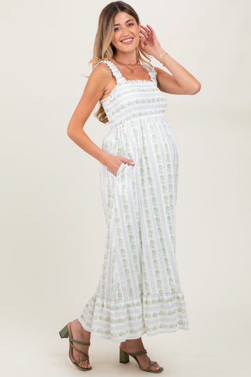 Blue Floral Smocked Sleeveless Maternity Maxi Dress