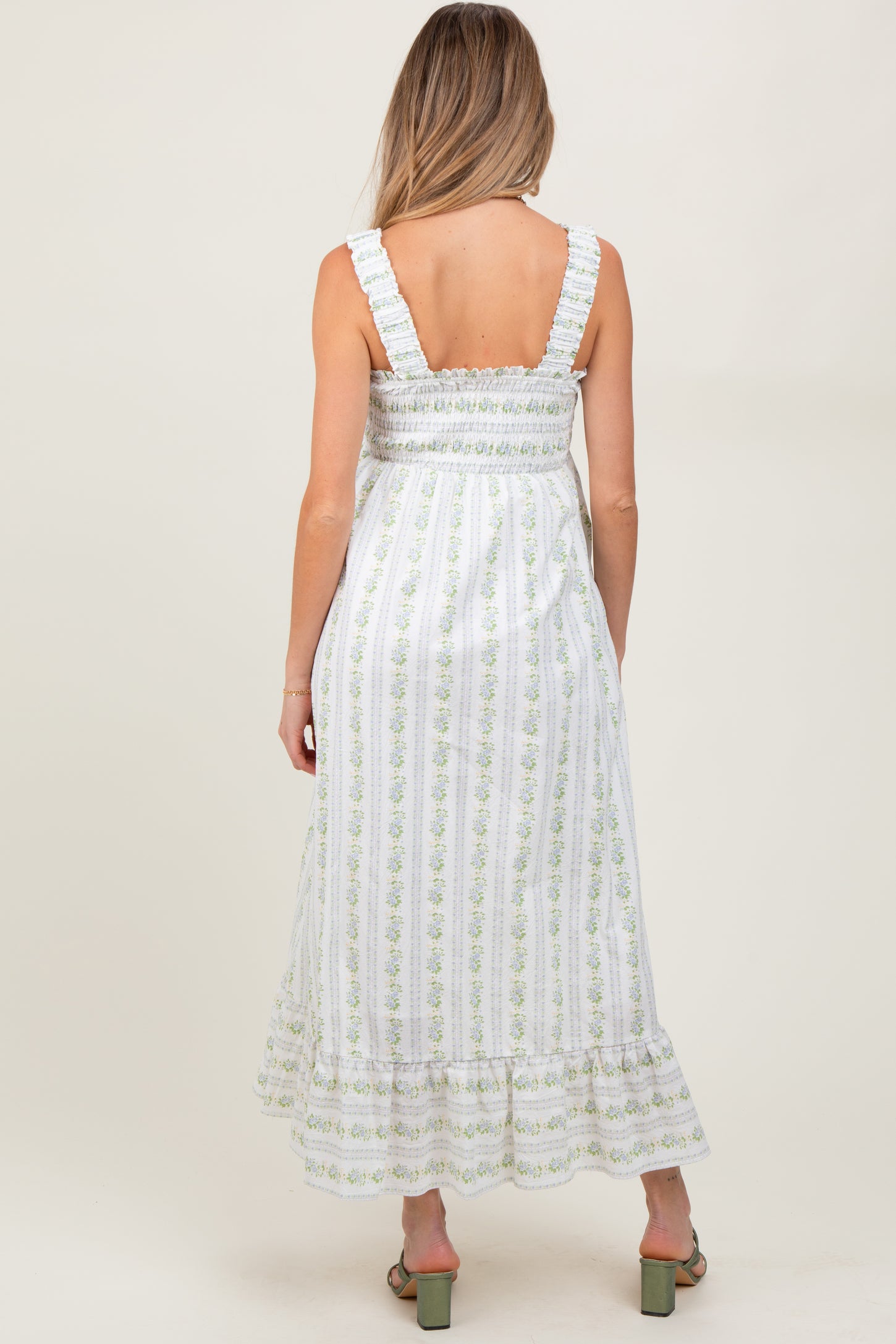 Blue Floral Smocked Sleeveless Maternity Maxi Dress