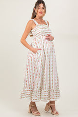 Red Floral Smocked Sleeveless Maternity Maxi Dress