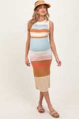 Light Olive Colorblock Striped Knit Sleeveless Maternity Midi Dress