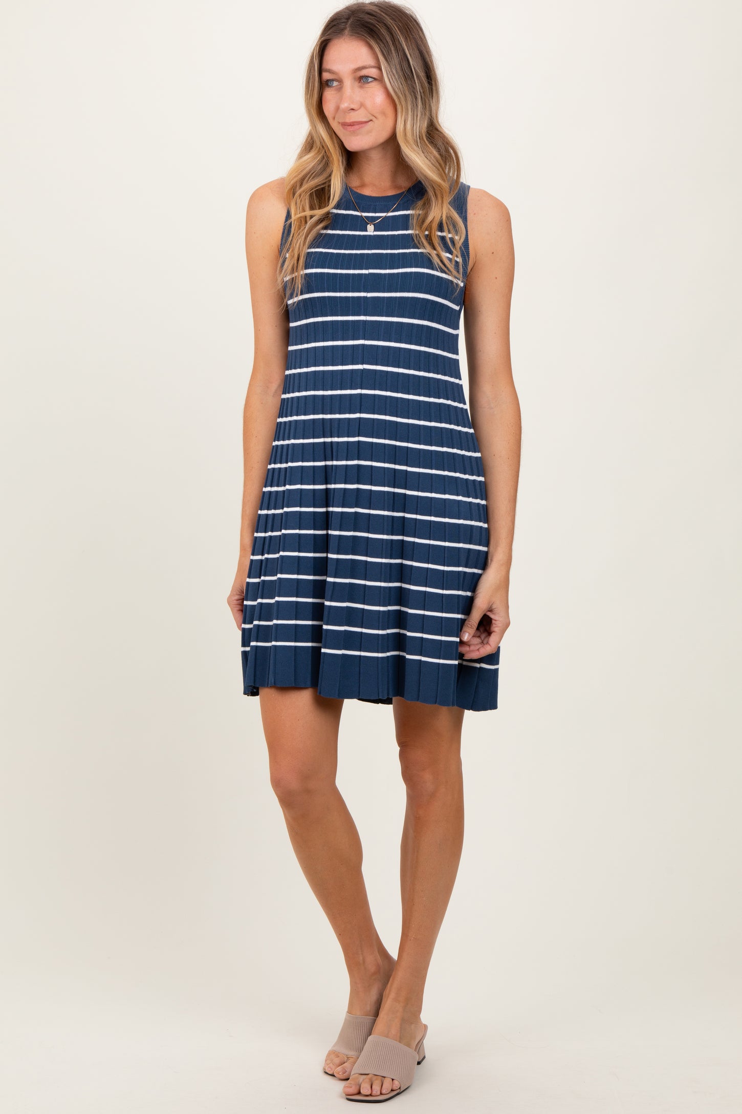 Navy Ribbed Pleated Knit Sleeveless Mini Dress