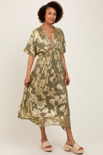 Olive Metallic Floral Jacquard Overlay Maxi Dress