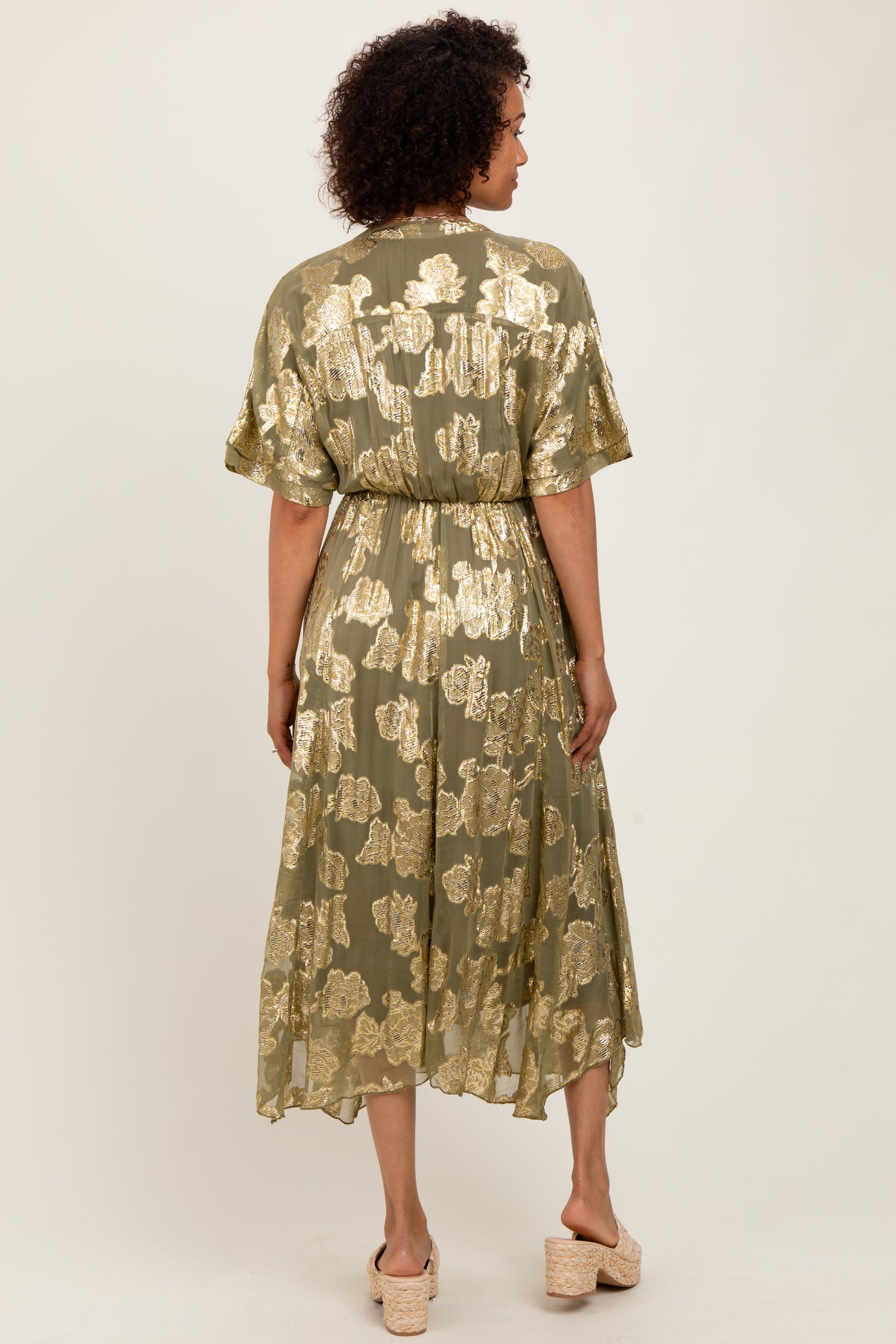 Olive Metallic Floral Jacquard Overlay Maxi Dress