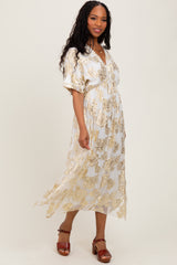 Cream Metallic Floral Jacquard Overlay Maxi Dress