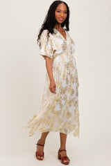 Cream Metallic Floral Jacquard Overlay Maxi Dress