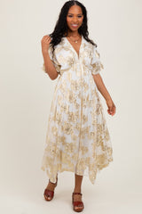 Cream Metallic Floral Jacquard Overlay Maxi Dress