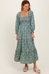 Light Olive Floral Smocked Square Neck Maxi Dress
