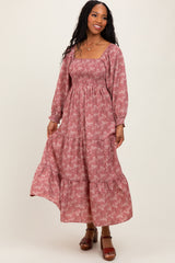 Mauve Floral Smocked Square Neck Maxi Dress