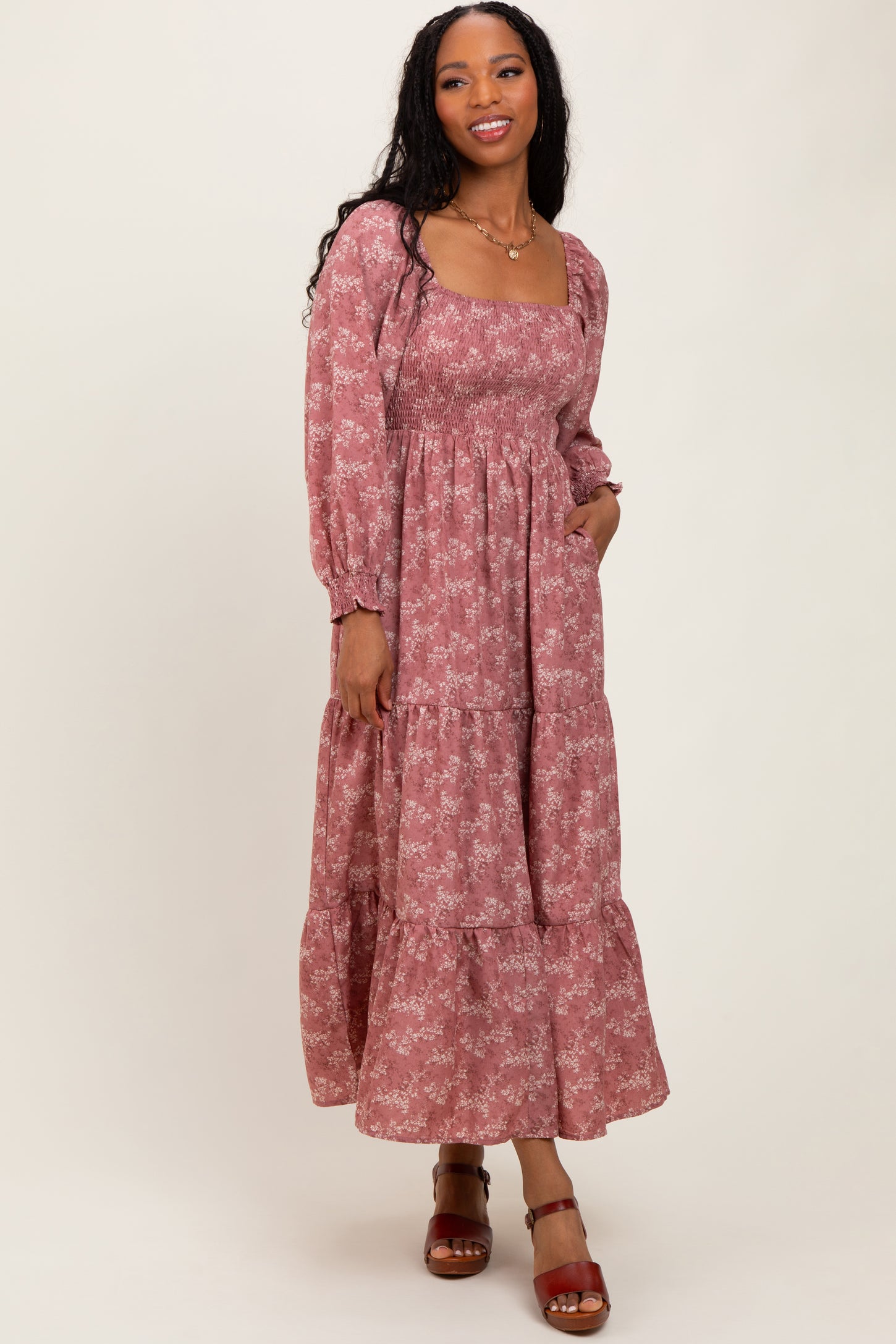 Mauve Floral Smocked Square Neck Maternity Maxi Dress