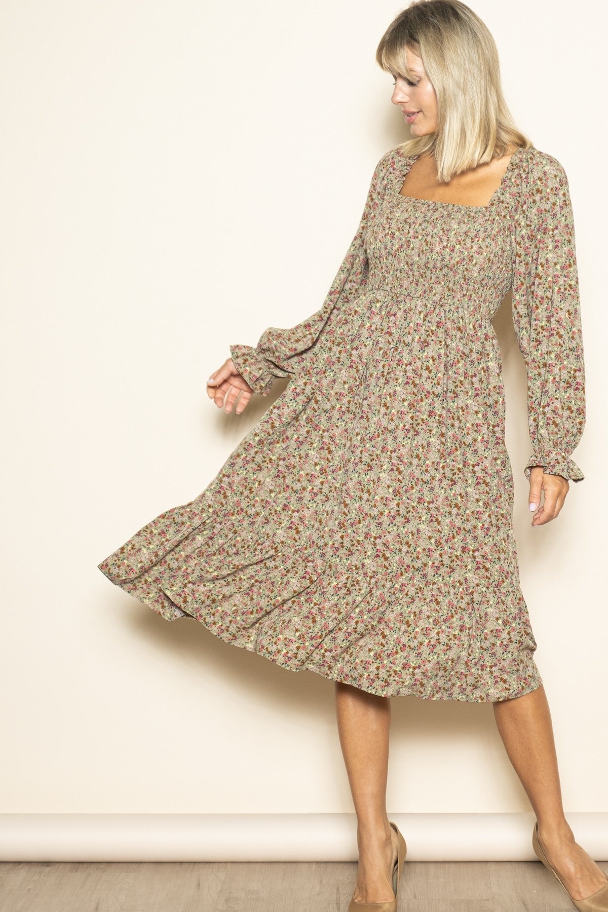 Olive Floral Smocked Velvet Back Tie Maternity Midi Dress