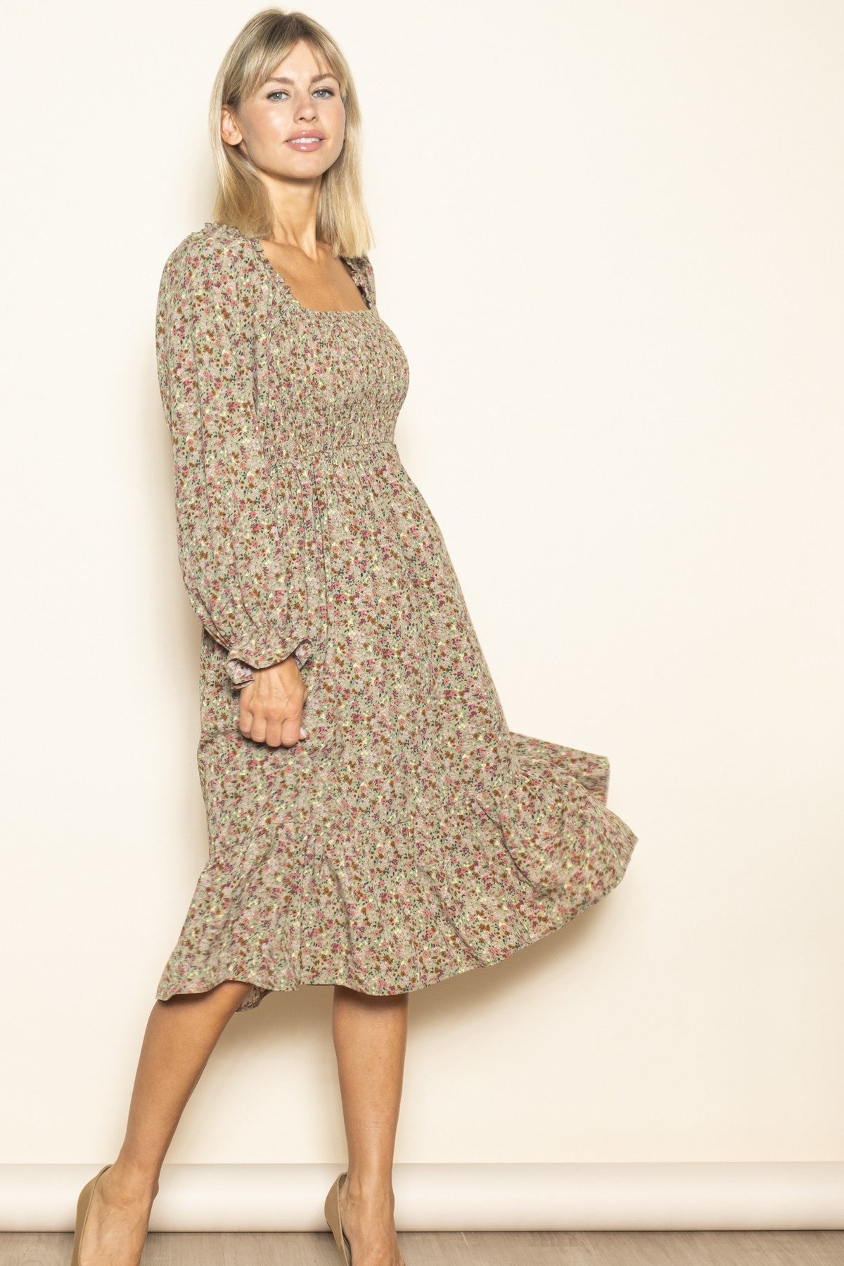 Olive Floral Smocked Velvet Back Tie Midi Dress