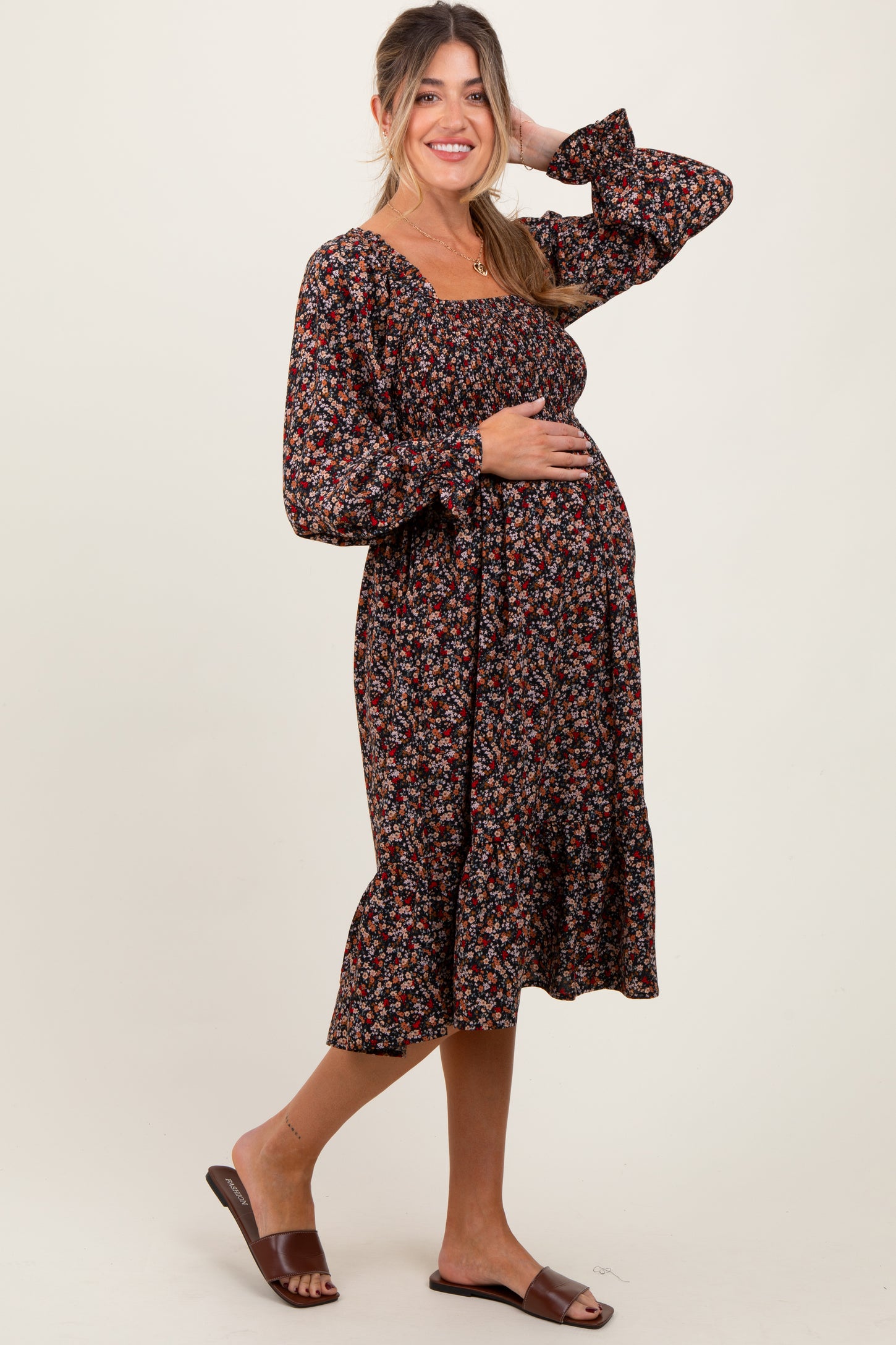 Black Floral Smocked Velvet Back Tie Maternity Midi Dress