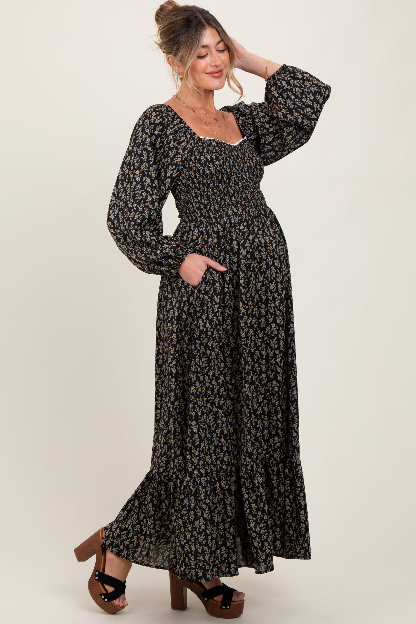 Black Floral Smocked Lace Trim Sweetheart Maternity Maxi Dress