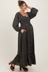 Black Floral Smocked Lace Trim Sweetheart Maternity Maxi Dress