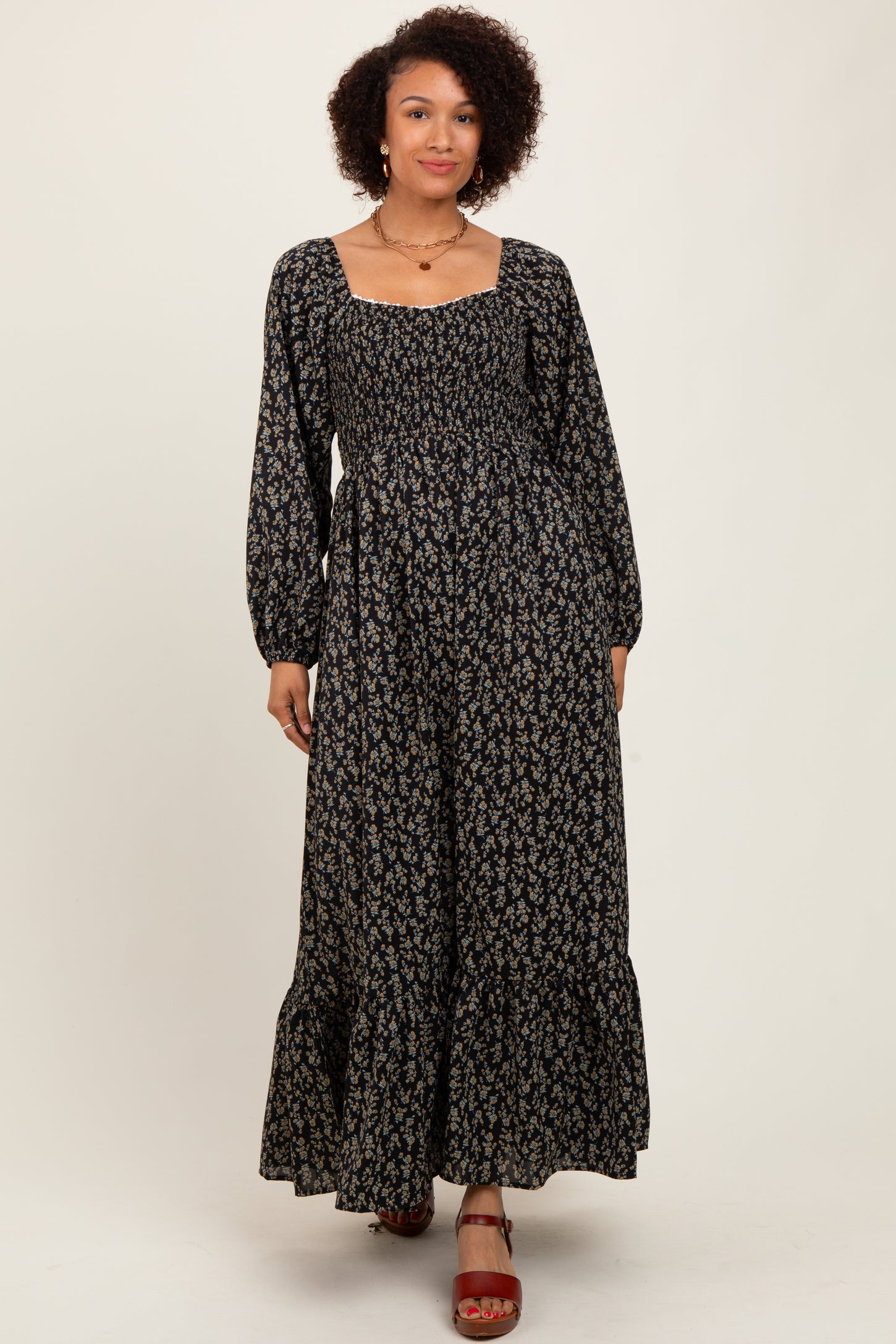 Black Floral Smocked Lace Trim Sweetheart Maxi Dress
