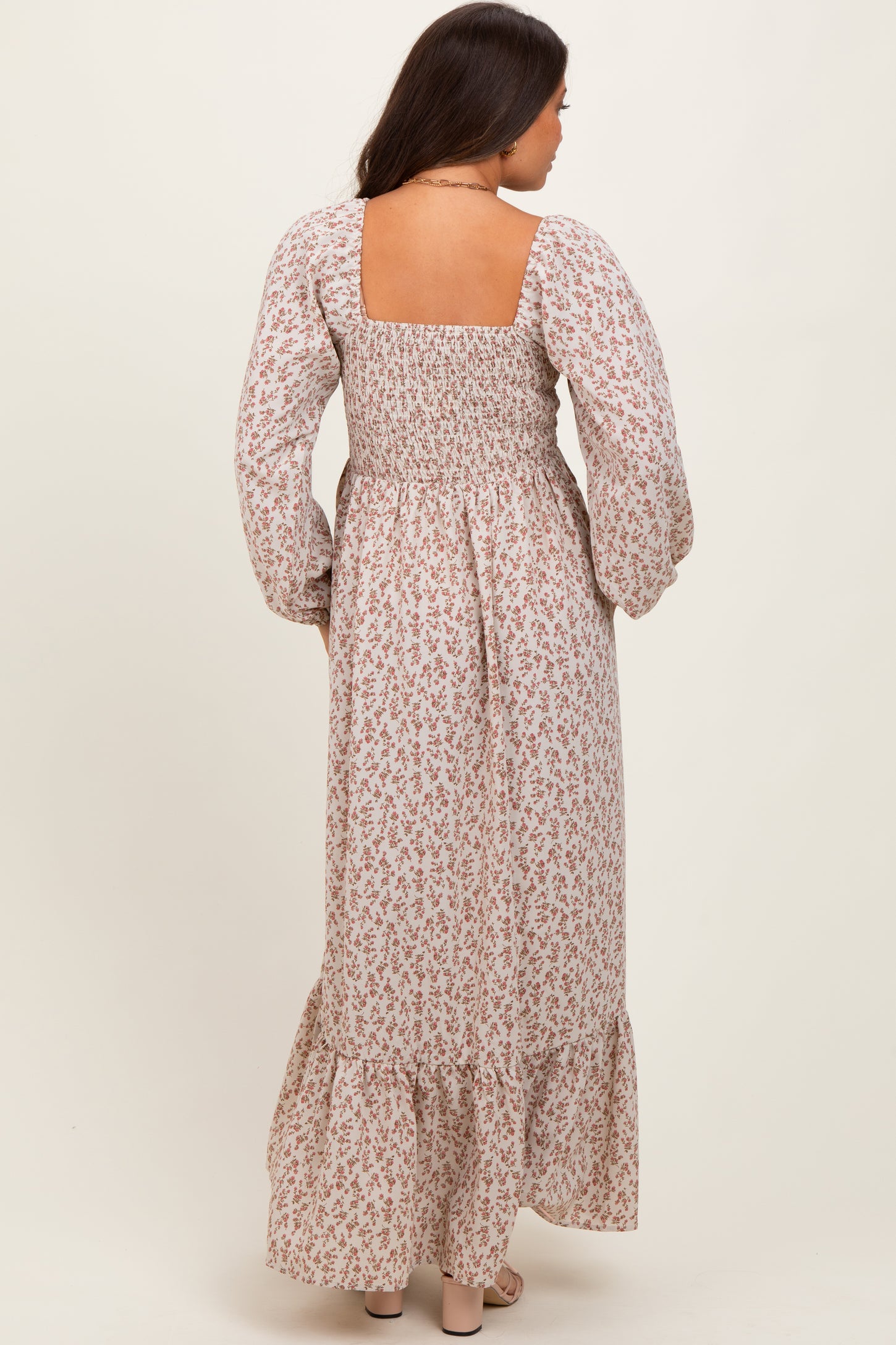 Pink Floral Smocked Lace Trim Sweetheart Maternity Maxi Dress