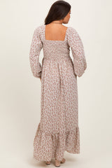Pink Floral Smocked Lace Trim Sweetheart Maternity Maxi Dress
