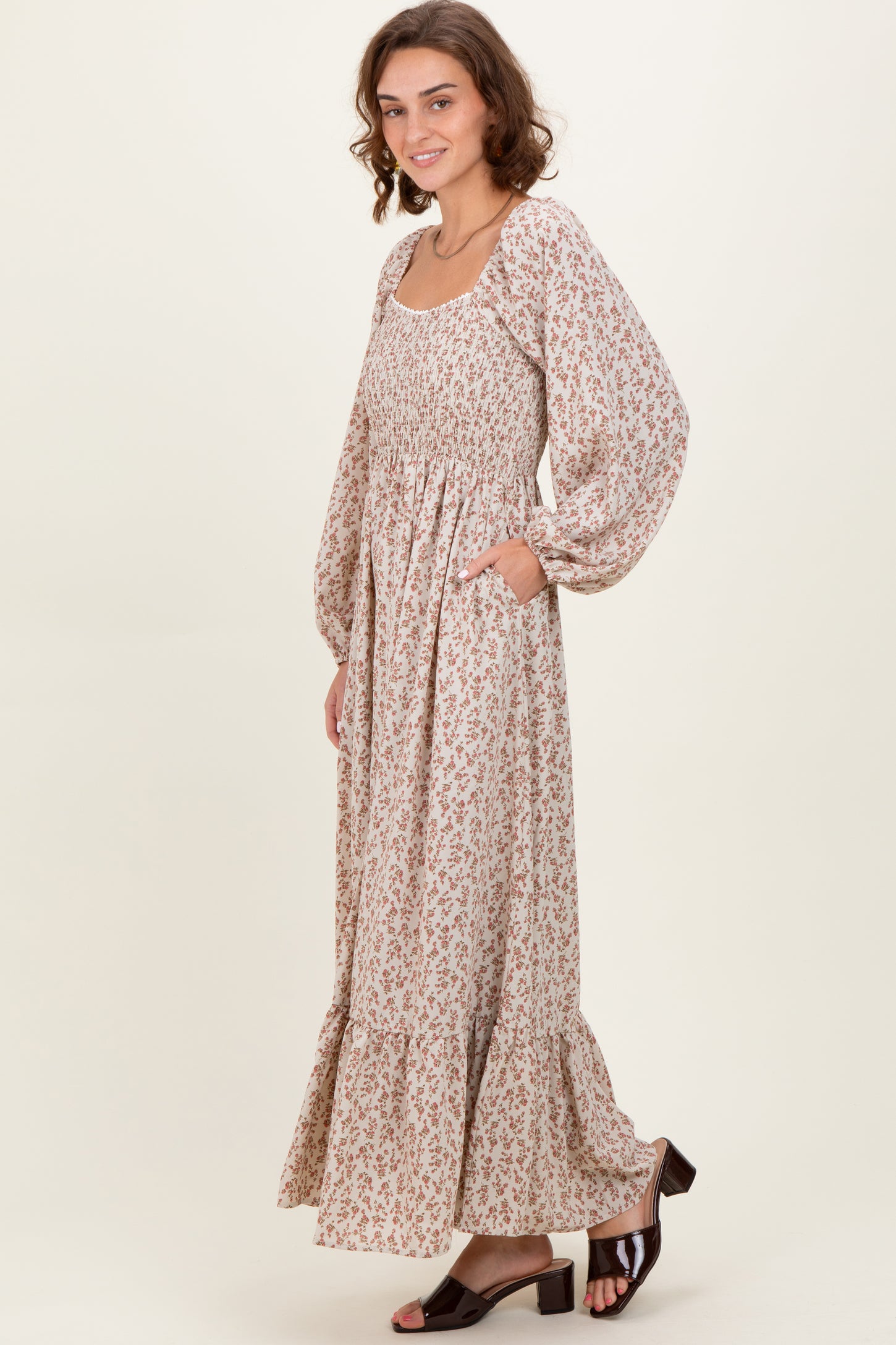 Pink Floral Smocked Lace Trim Sweetheart Maxi Dress