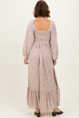 Pink Floral Smocked Lace Trim Sweetheart Maxi Dress