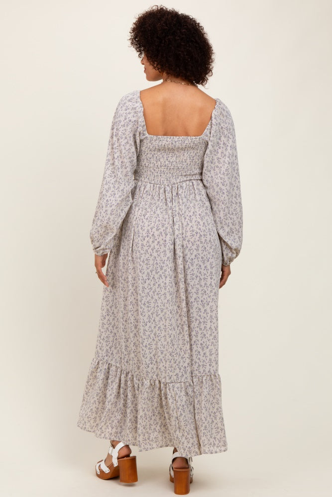 Lavender Floral Smocked Lace Trim Sweetheart Maxi Dress