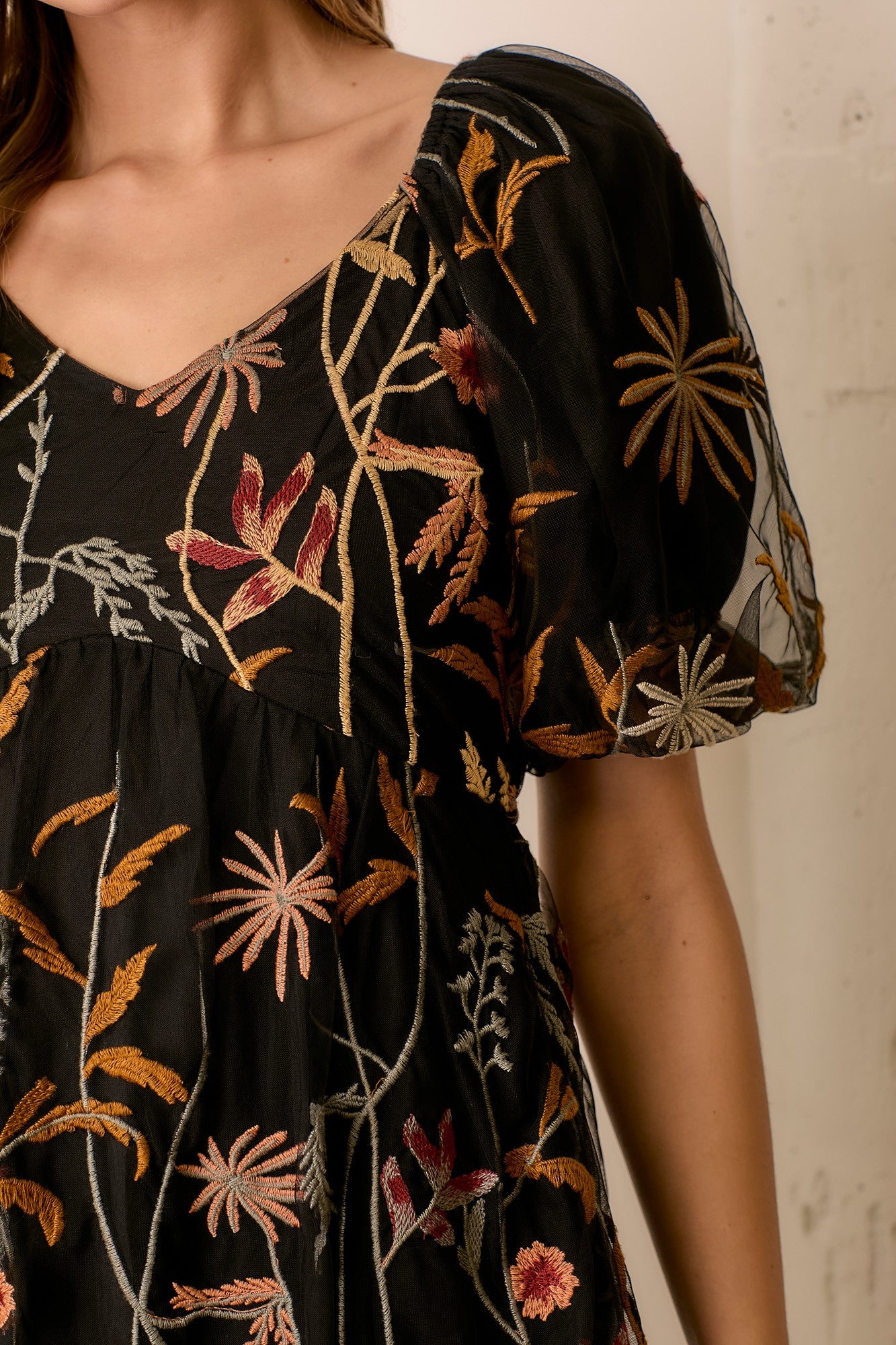 Black Embroidered Floral Mesh Overlay Midi Dress