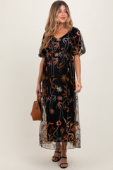 Black Embroidered Floral Mesh Overlay Maternity Midi Dress